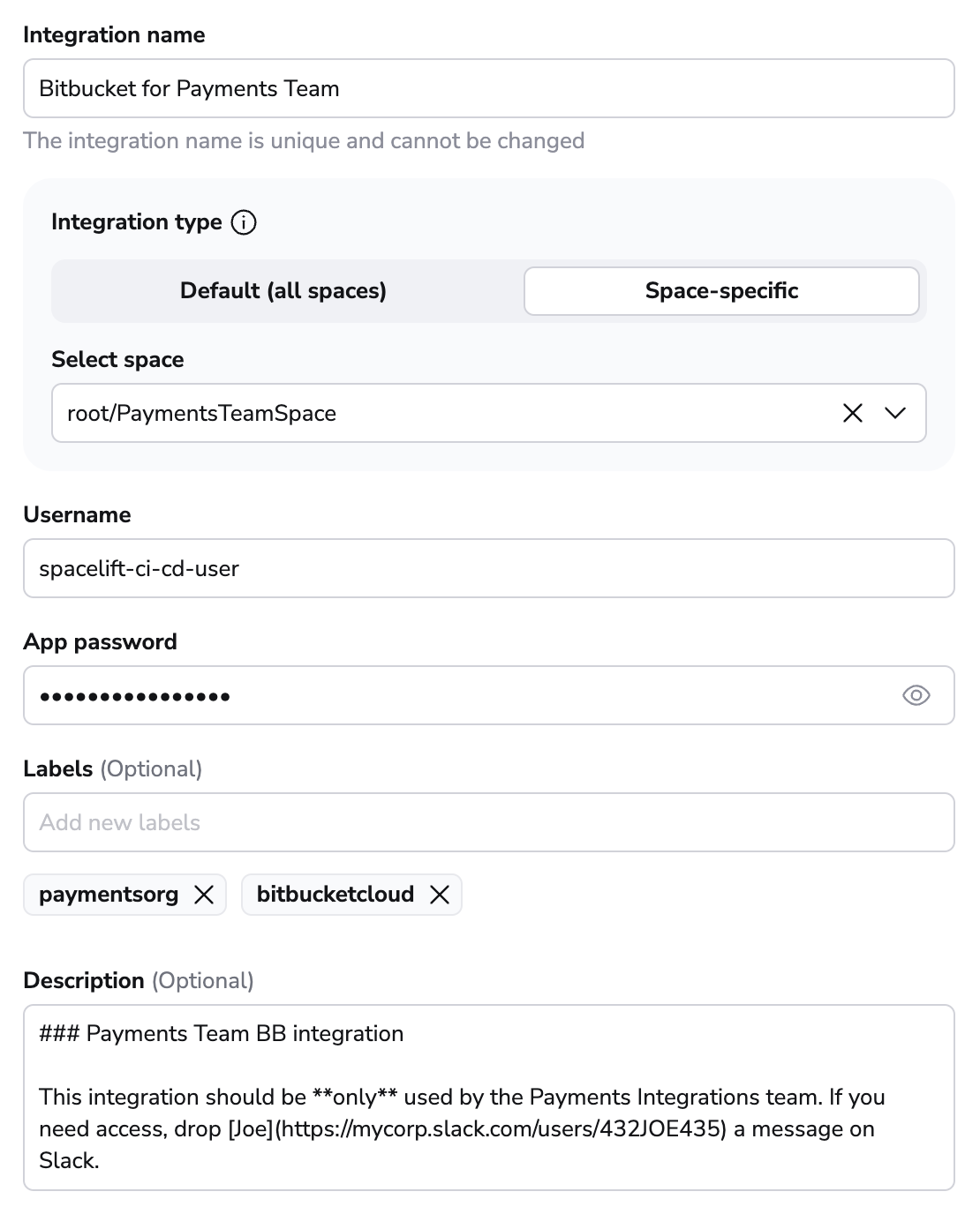 Filled in Bitbucket Cloud integration form